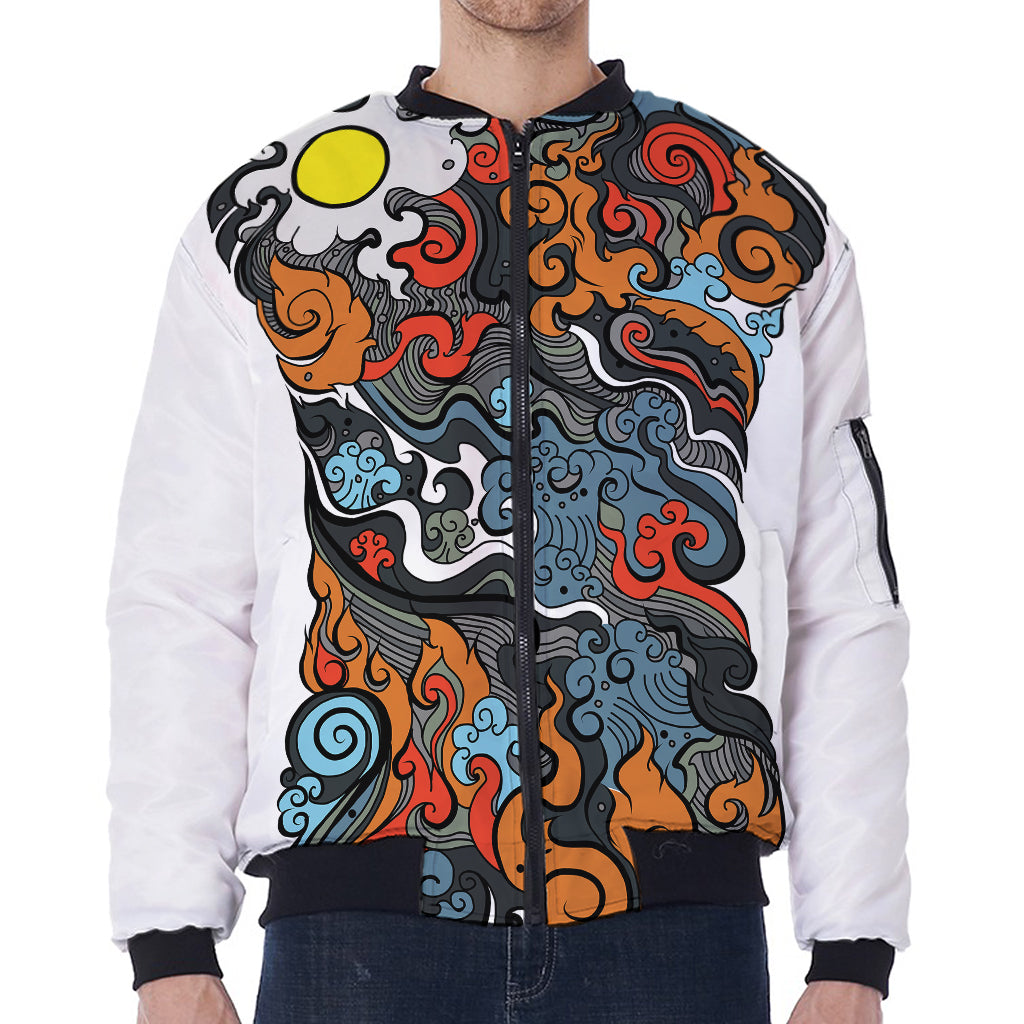 Japanese Elemental Tattoo Print Zip Sleeve Bomber Jacket