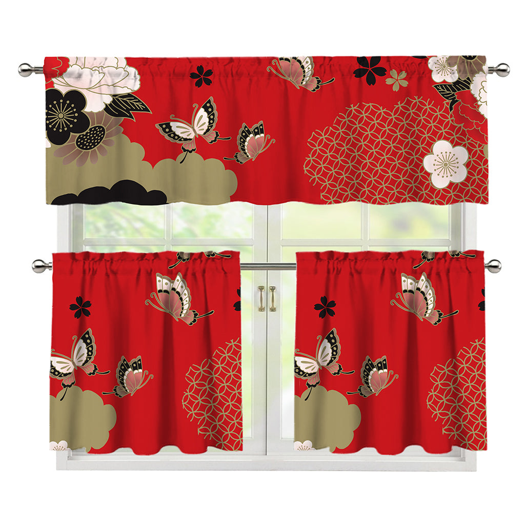 Japanese Flower Print 3 Piece Kitchen Curtains