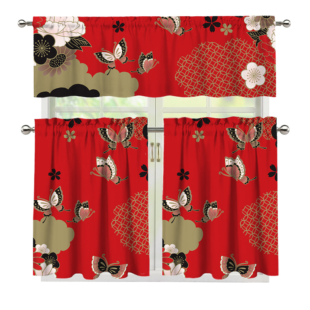 Japanese Flower Print 3 Piece Kitchen Curtains
