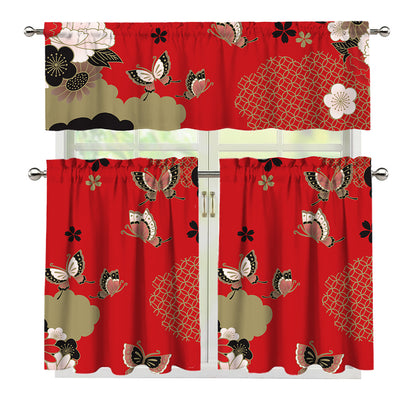 Japanese Flower Print 3 Piece Kitchen Curtains