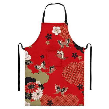 Japanese Flower Print Bib Apron With Pocket