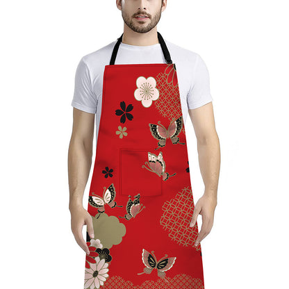 Japanese Flower Print Bib Apron With Pocket