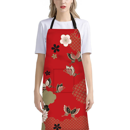 Japanese Flower Print Bib Apron With Pocket