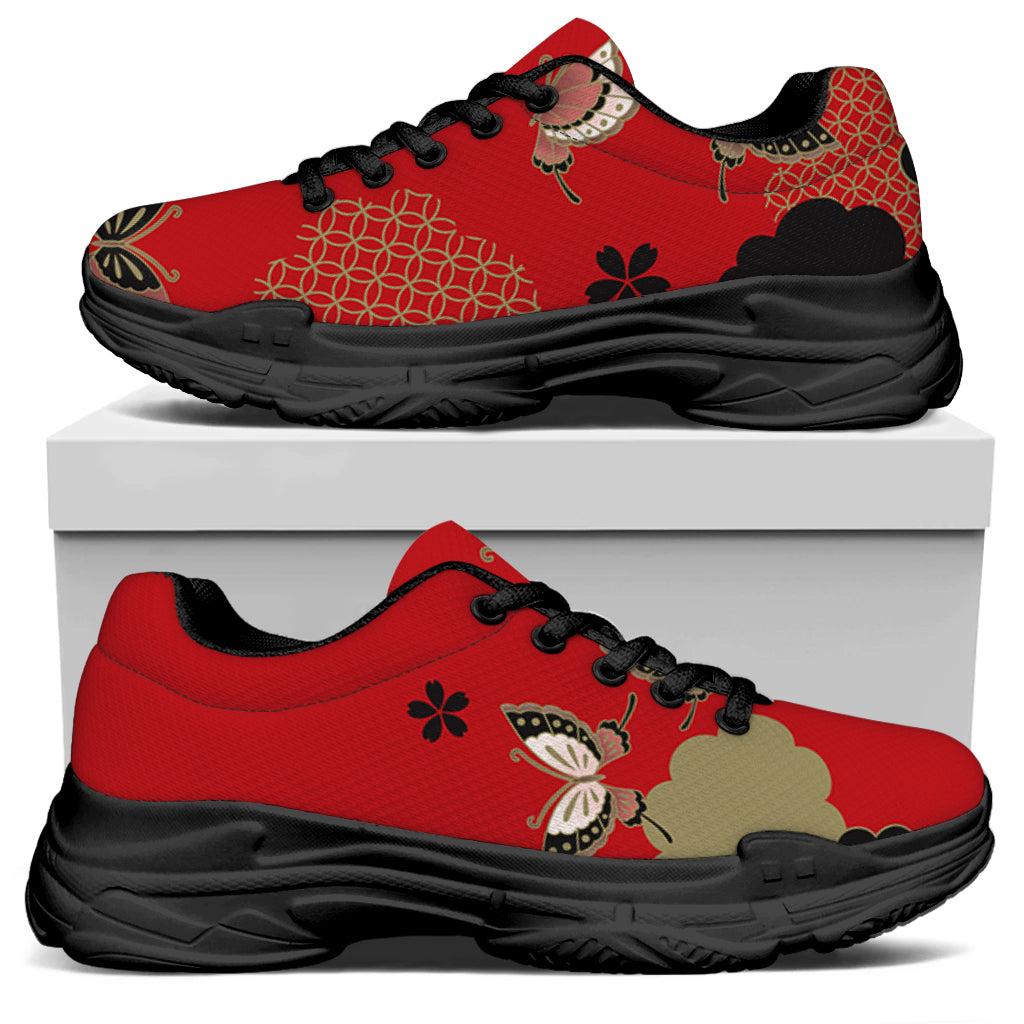 Japanese Flower Print Black Chunky Shoes
