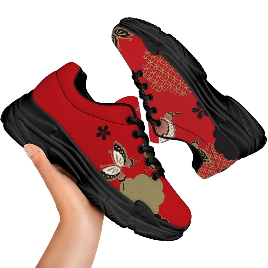 Japanese Flower Print Black Chunky Shoes