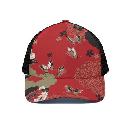 Japanese Flower Print Black Mesh Trucker Cap