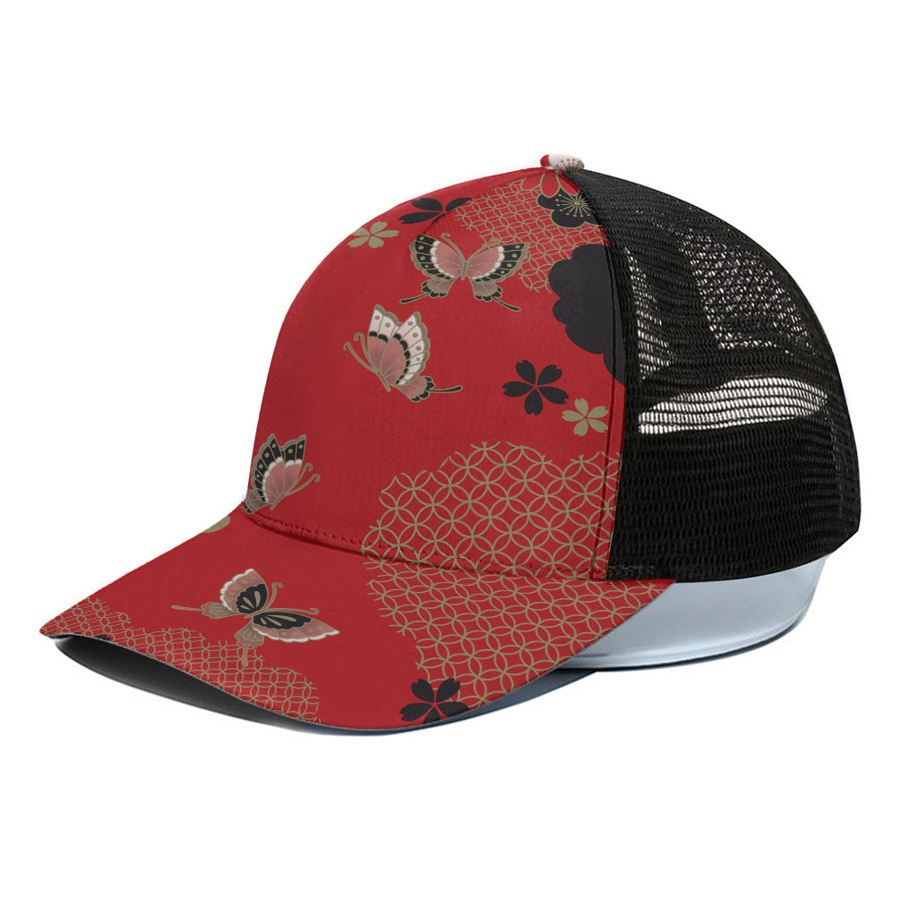 Japanese Flower Print Black Mesh Trucker Cap