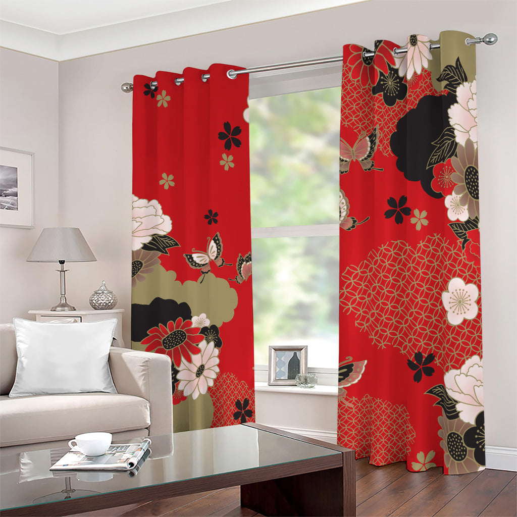 Japanese Flower Print Blackout Grommet Curtains