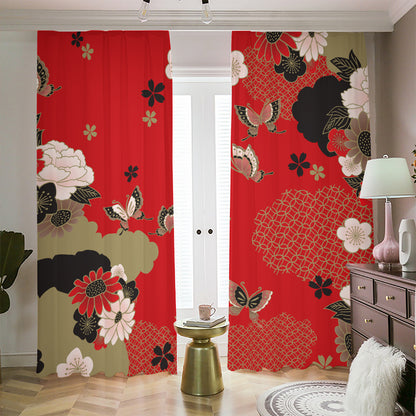 Japanese Flower Print Blackout Pencil Pleat Curtains