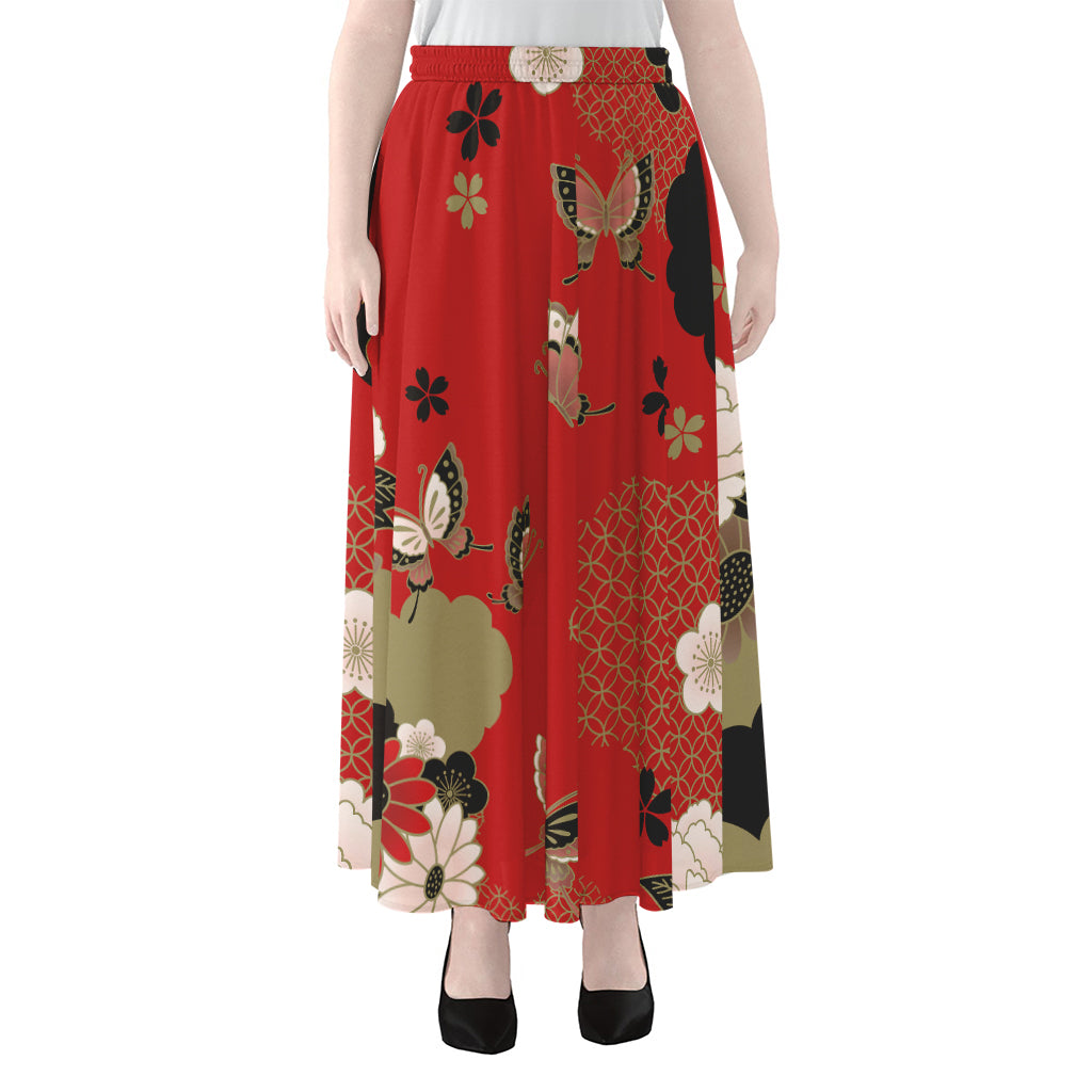 Japanese Flower Print Chiffon Maxi Skirt