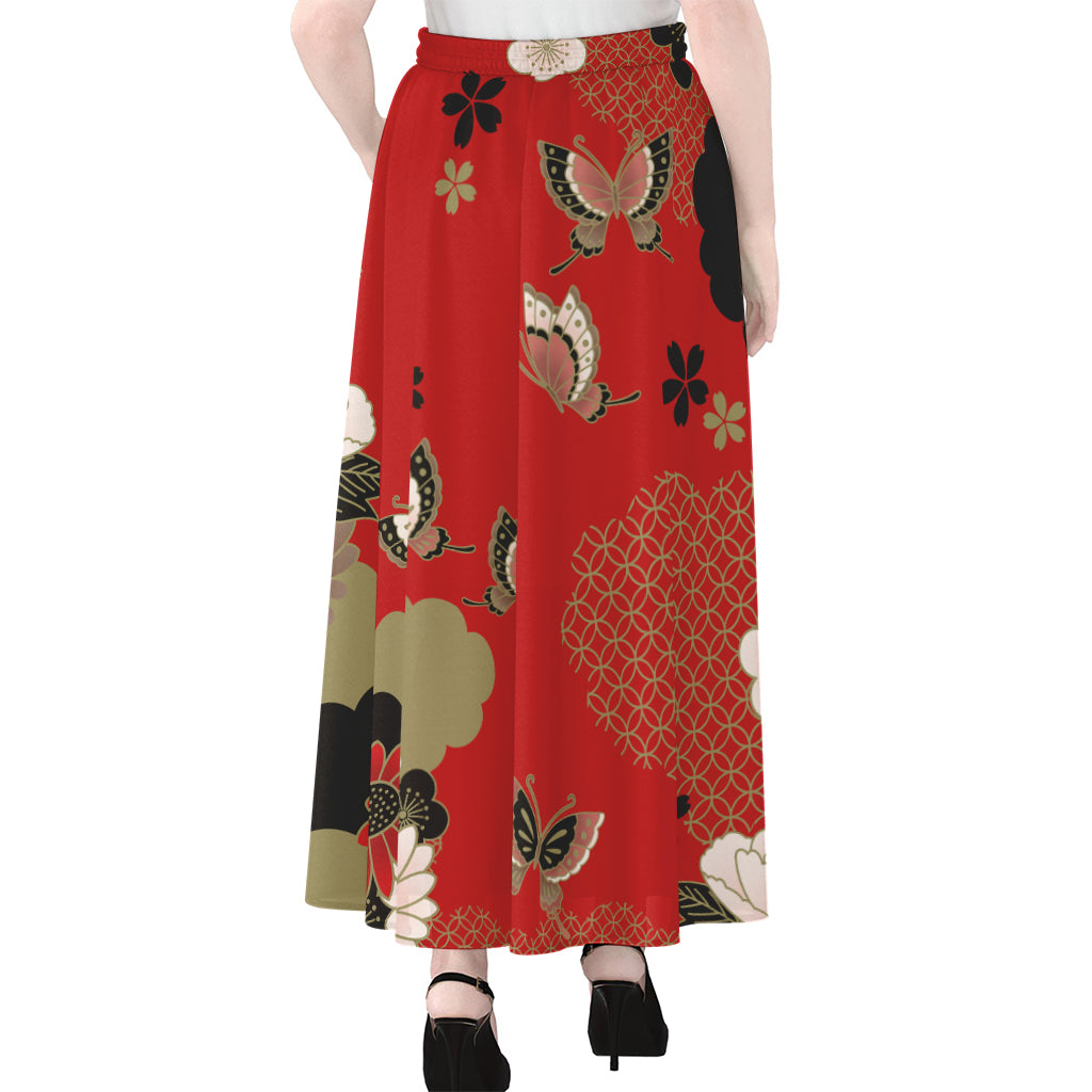 Japanese Flower Print Chiffon Maxi Skirt