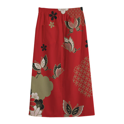 Japanese Flower Print Cotton Front Slit Maxi Skirt