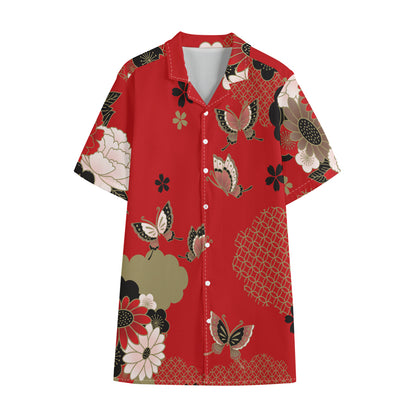 Japanese Flower Print Cotton Hawaiian Shirt