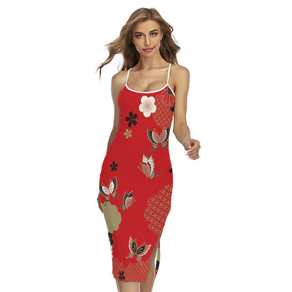Japanese Flower Print Cross Back Cami Dress