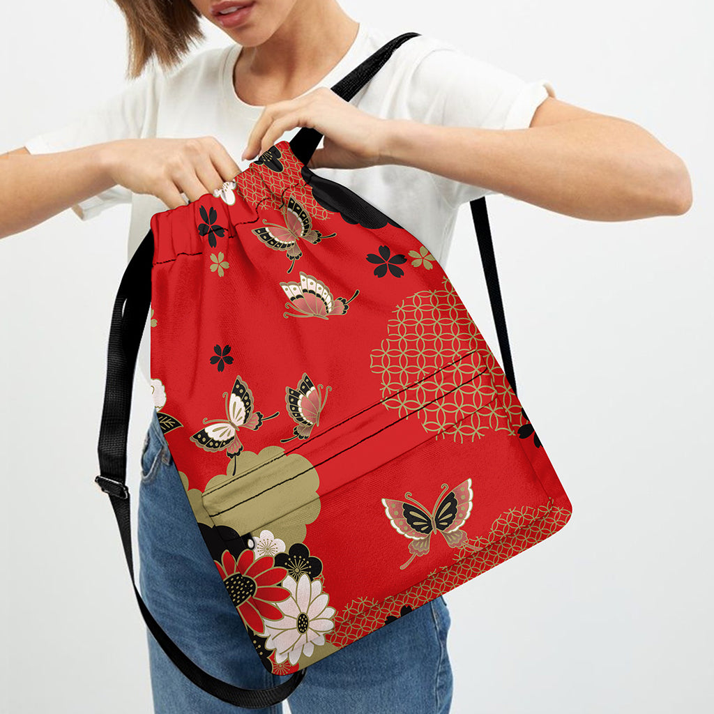 Japanese Flower Print Drawstring Backpack