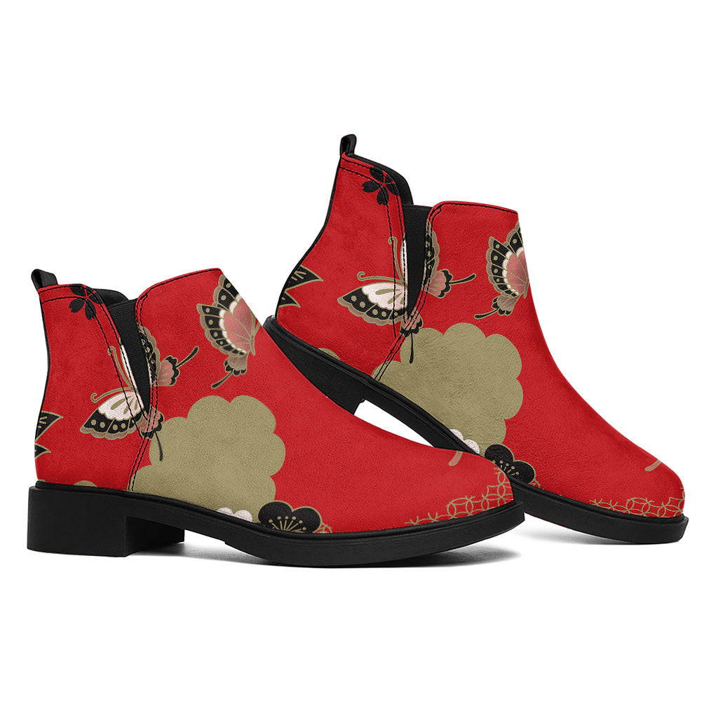 Japanese Flower Print Flat Ankle Boots