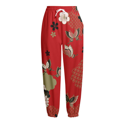 Japanese Flower Print Fleece Lined Knit Pants