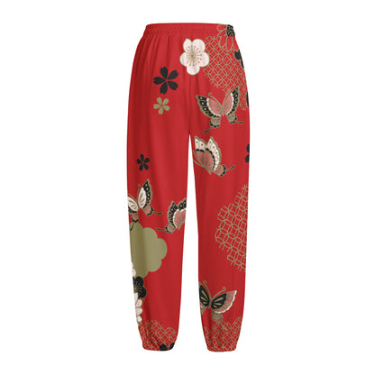 Japanese Flower Print Fleece Lined Knit Pants