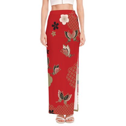 Japanese Flower Print High Slit Maxi Skirt
