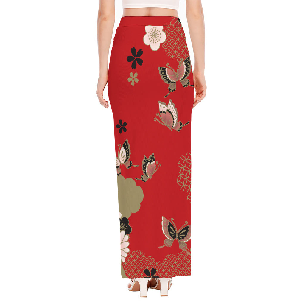 Japanese Flower Print High Slit Maxi Skirt