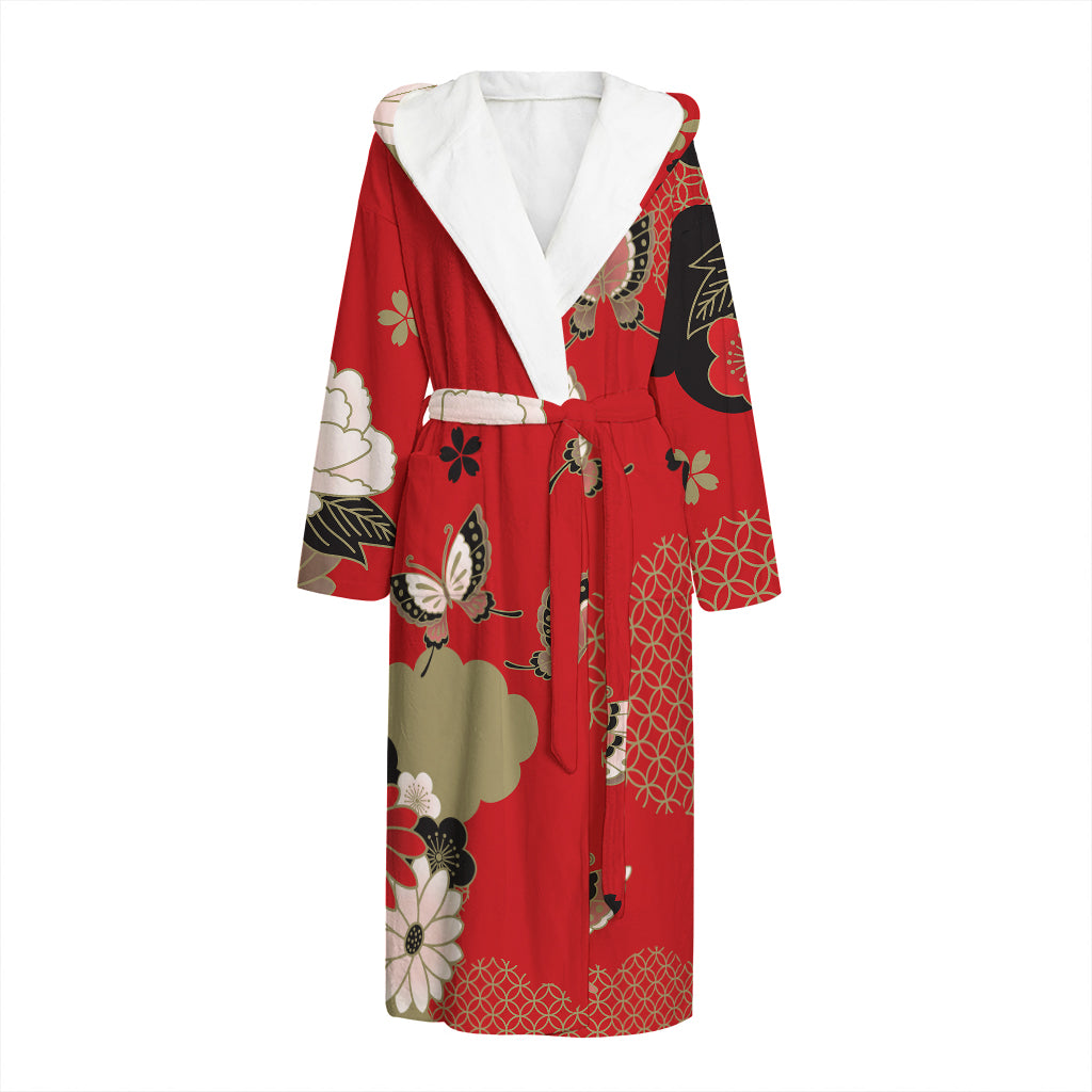 Japanese Flower Print Hooded Bathrobe
