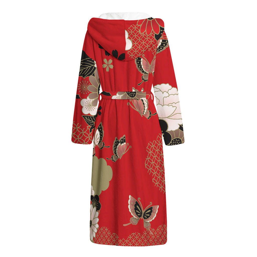 Japanese Flower Print Hooded Bathrobe