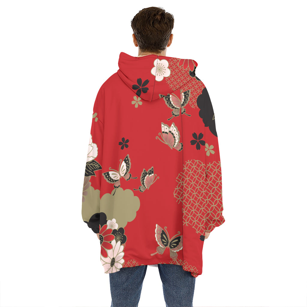 Japanese Flower Print Hoodie Blanket