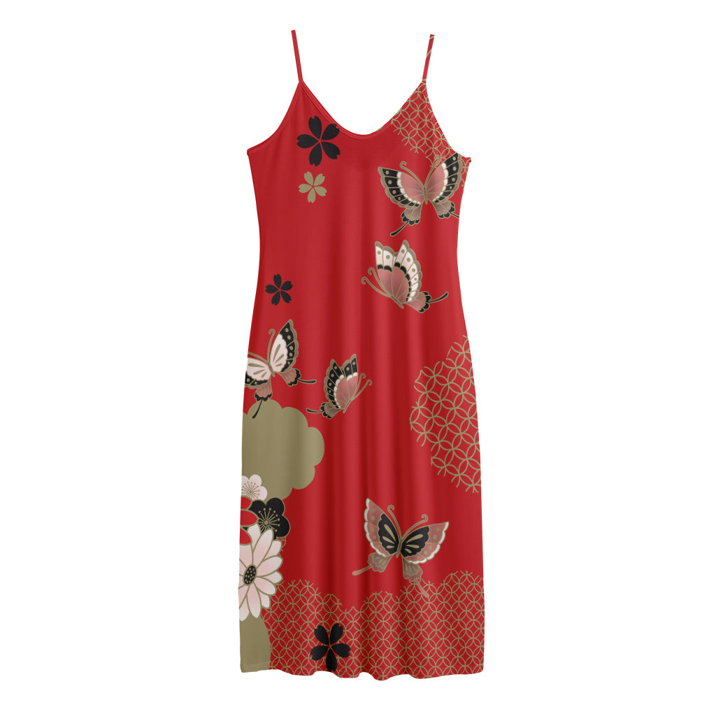 Japanese Flower Print Jersey Midi Cami Dress