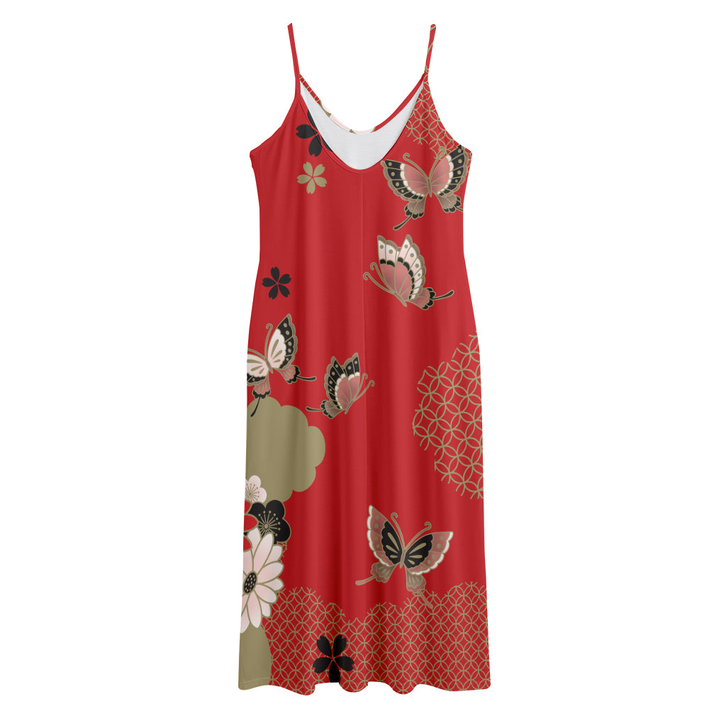 Japanese Flower Print Jersey Midi Cami Dress