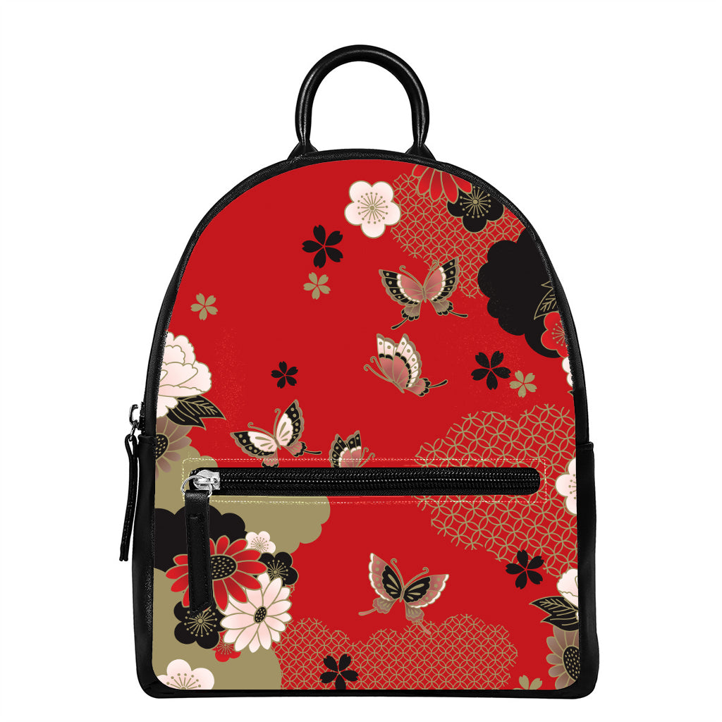 Japanese Flower Print Leather Backpack