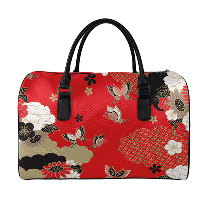Japanese Flower Print Leather Duffle Bag