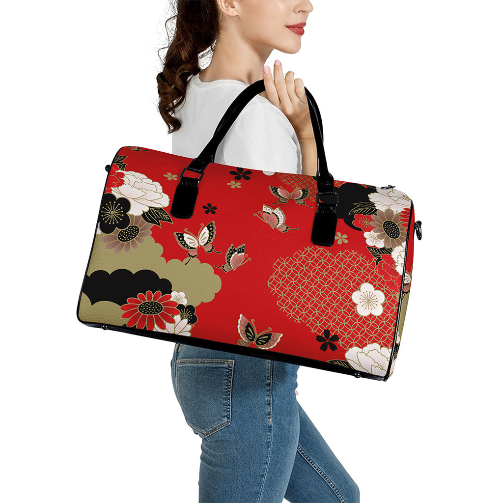 Japanese Flower Print Leather Duffle Bag