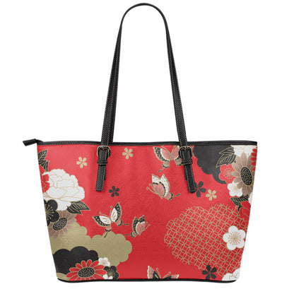 Japanese Flower Print Leather Tote Bag
