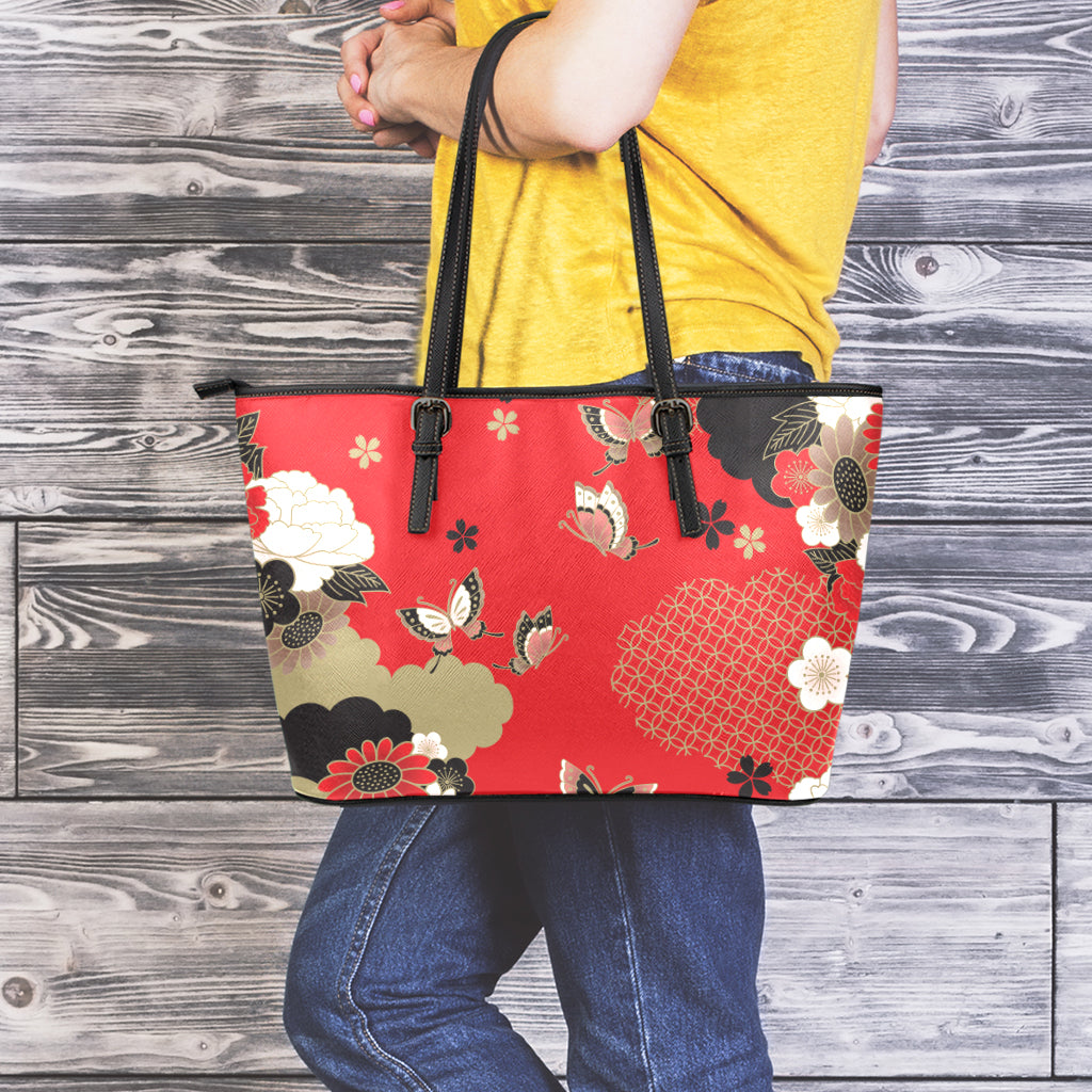 Japanese Flower Print Leather Tote Bag