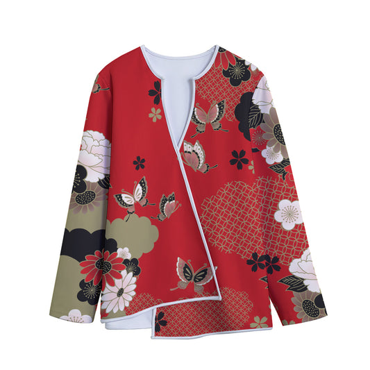 Japanese Flower Print Long Sleeve Short Coat