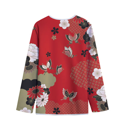 Japanese Flower Print Long Sleeve Short Coat