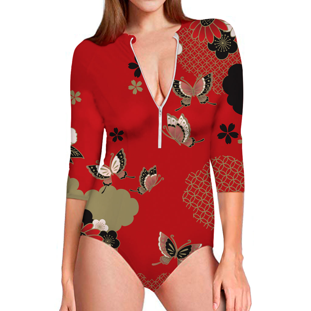 Japanese Flower Print Long Sleeve Swimsuit
