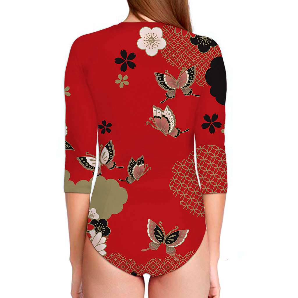 Japanese Flower Print Long Sleeve Swimsuit