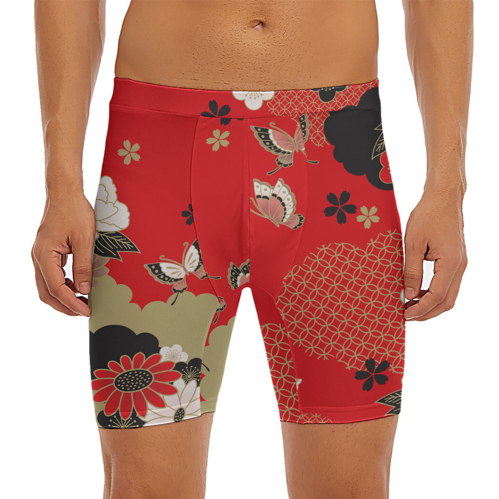 Japanese Flower Print Men's Long Boxer Briefs