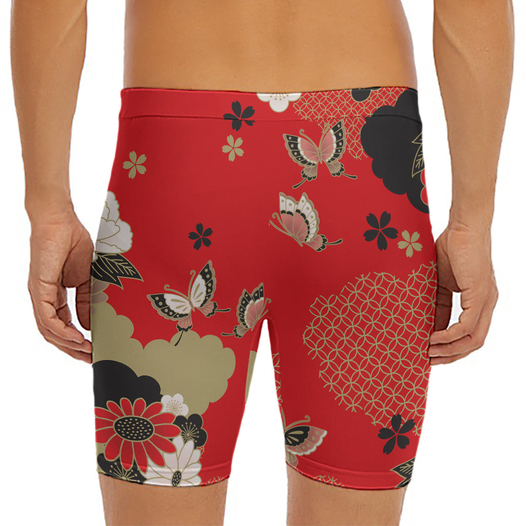Japanese Flower Print Men's Long Boxer Briefs