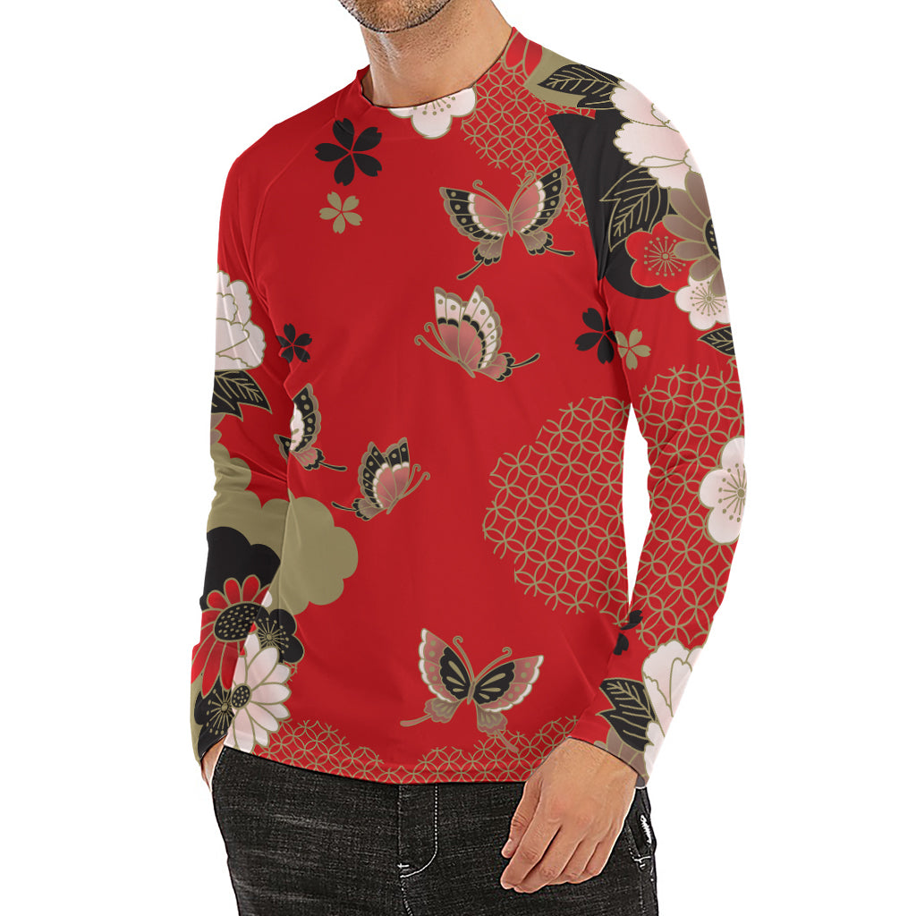 Japanese Flower Print Men's Long Sleeve Rash Guard