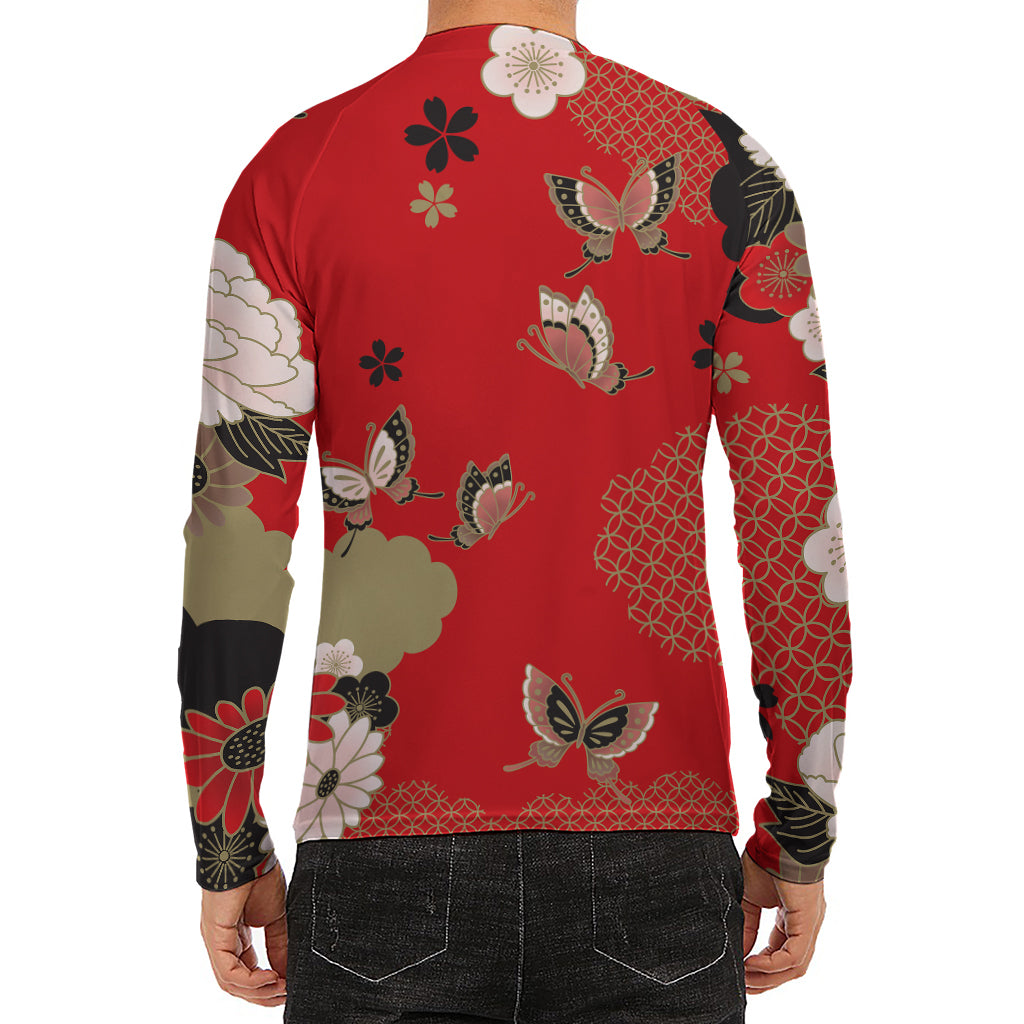 Japanese Flower Print Men's Long Sleeve Rash Guard