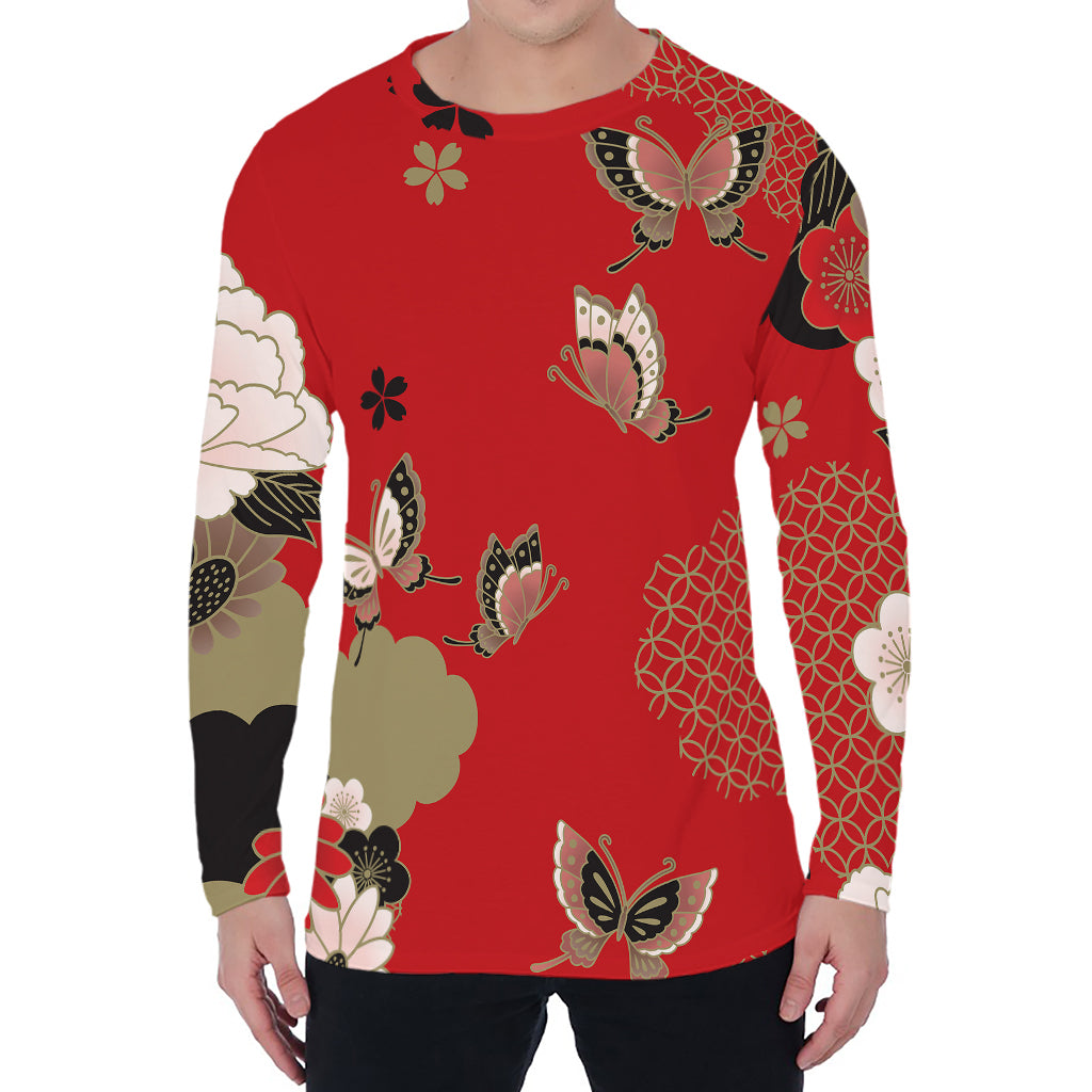 Japanese Flower Print Men's Long Sleeve T-Shirt