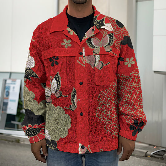 Japanese Flower Print Men's Shirt Jacket