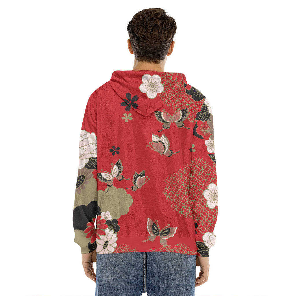 Japanese Flower Print Men's Velvet Pullover Hoodie