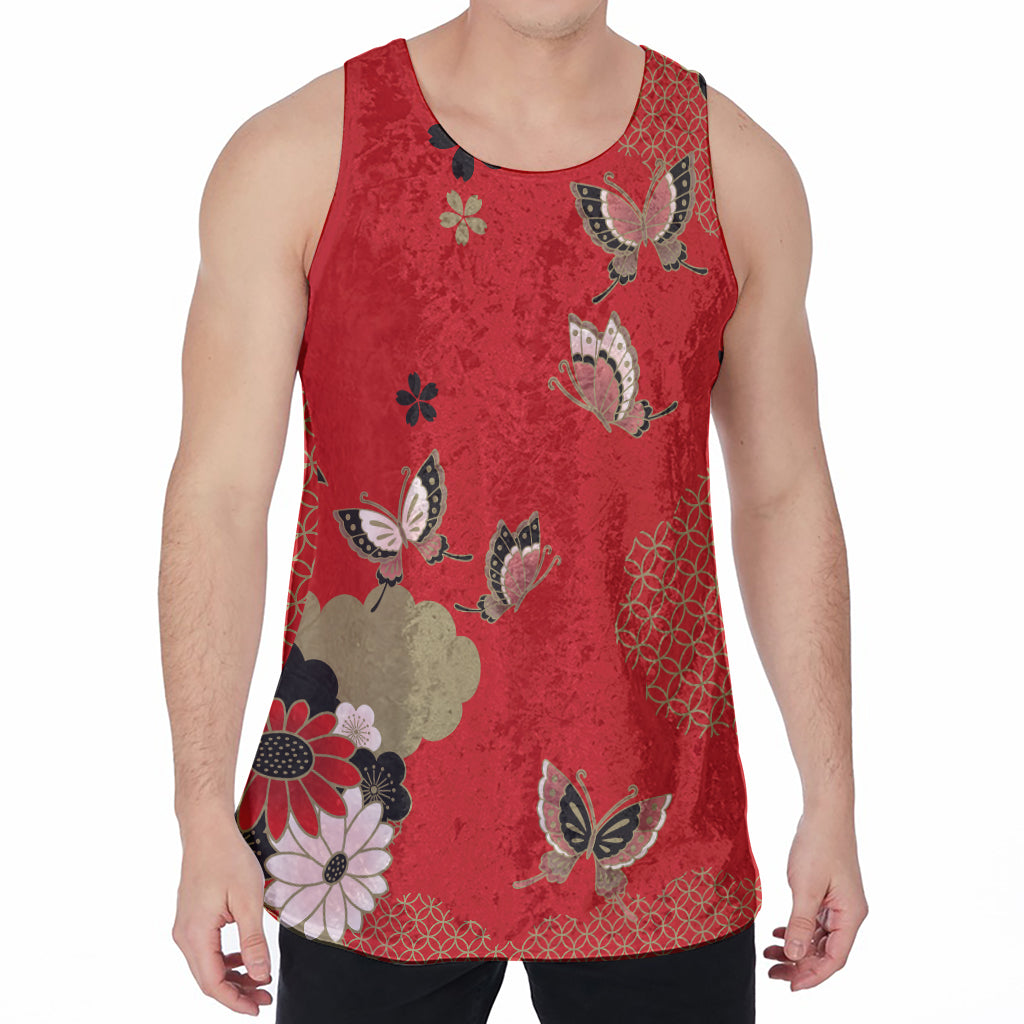 Japanese Flower Print Men's Velvet Tank Top