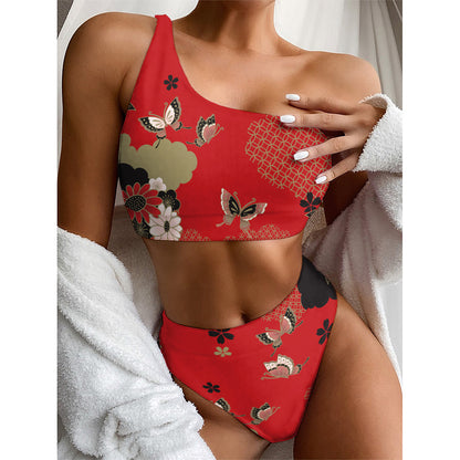 Japanese Flower Print One Shoulder Bikini Top