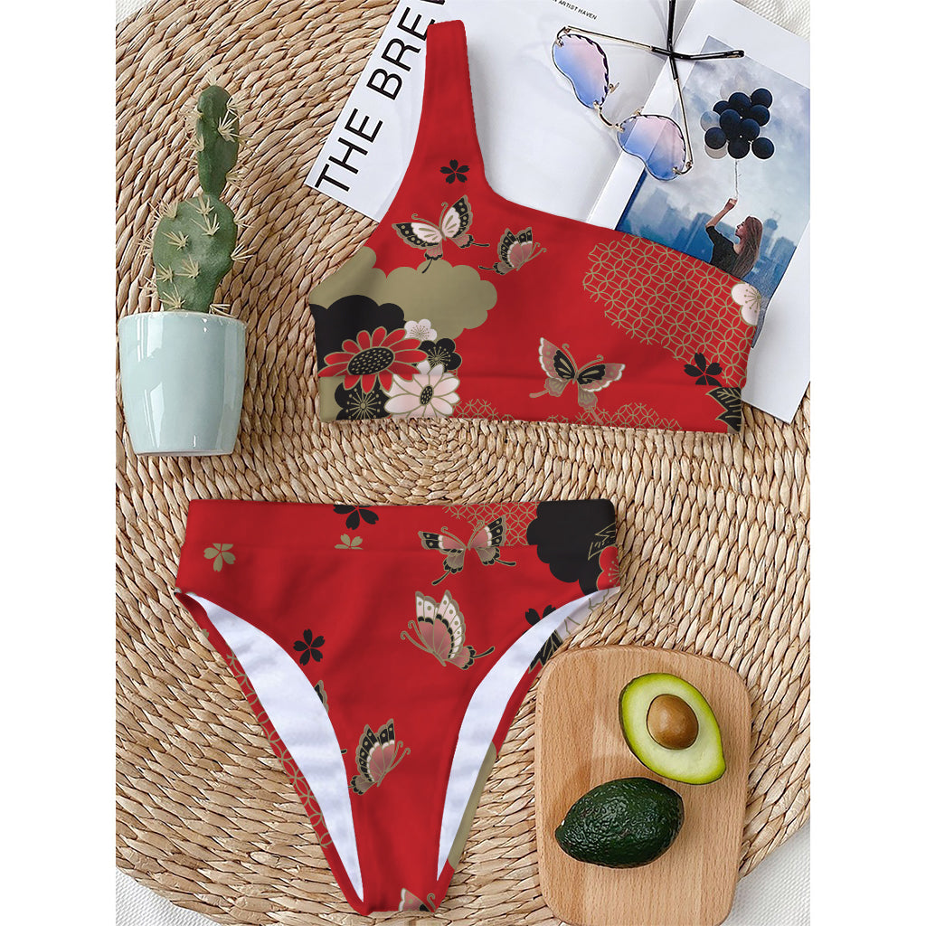Japanese Flower Print One Shoulder Bikini Top