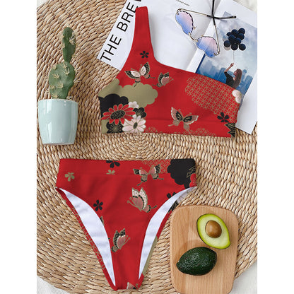 Japanese Flower Print One Shoulder Bikini Top