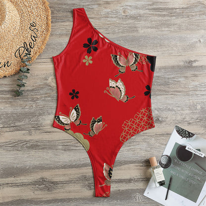 Japanese Flower Print One Shoulder Bodysuit